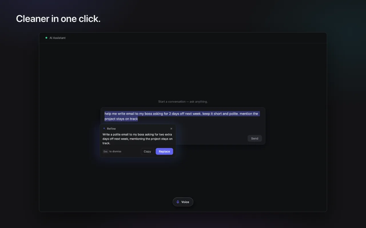 The in-page result panel showing the refined prompt with Replace and Copy actions