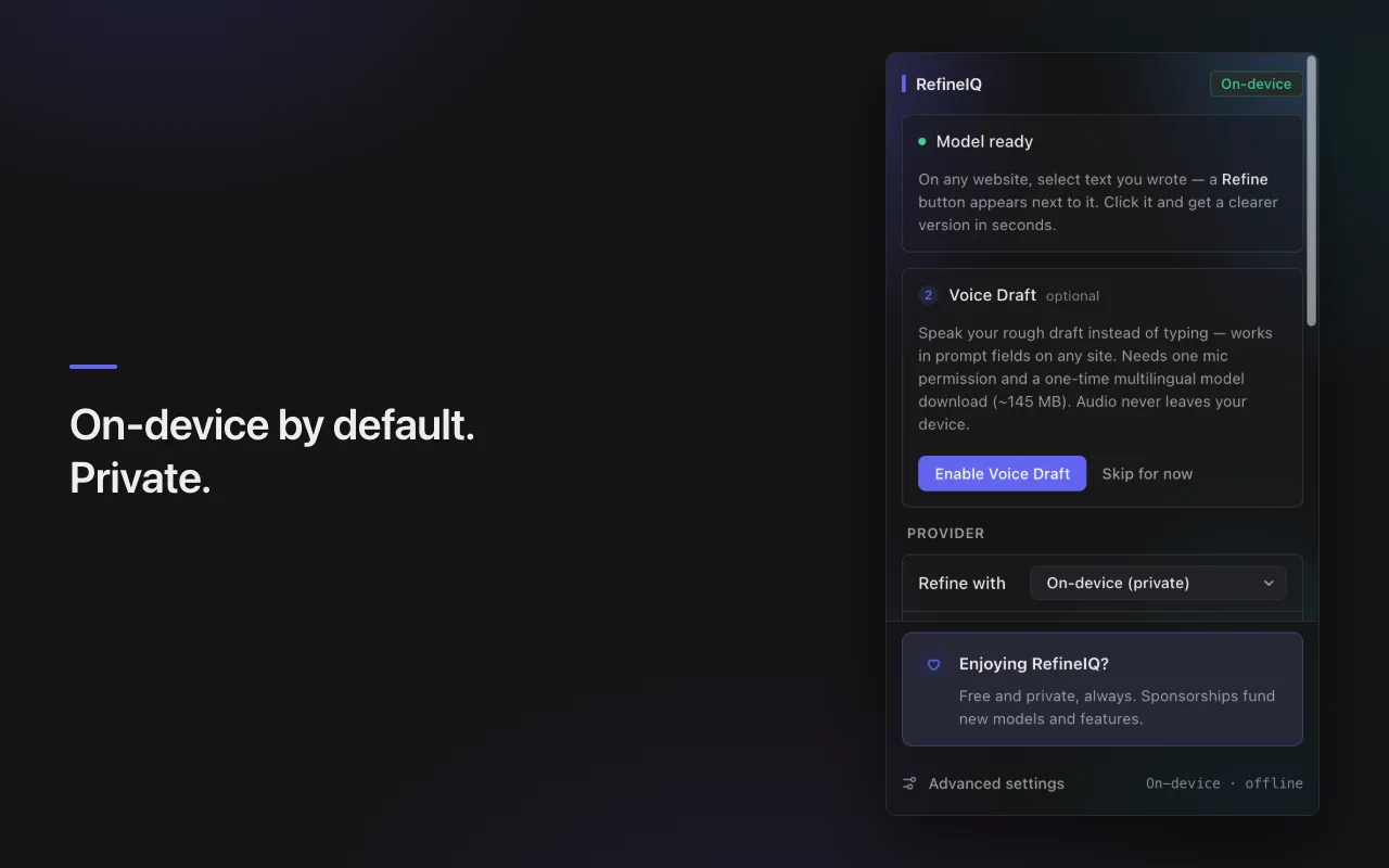 The RefineIQ popup with the provider set to on-device and the Model ready status showing